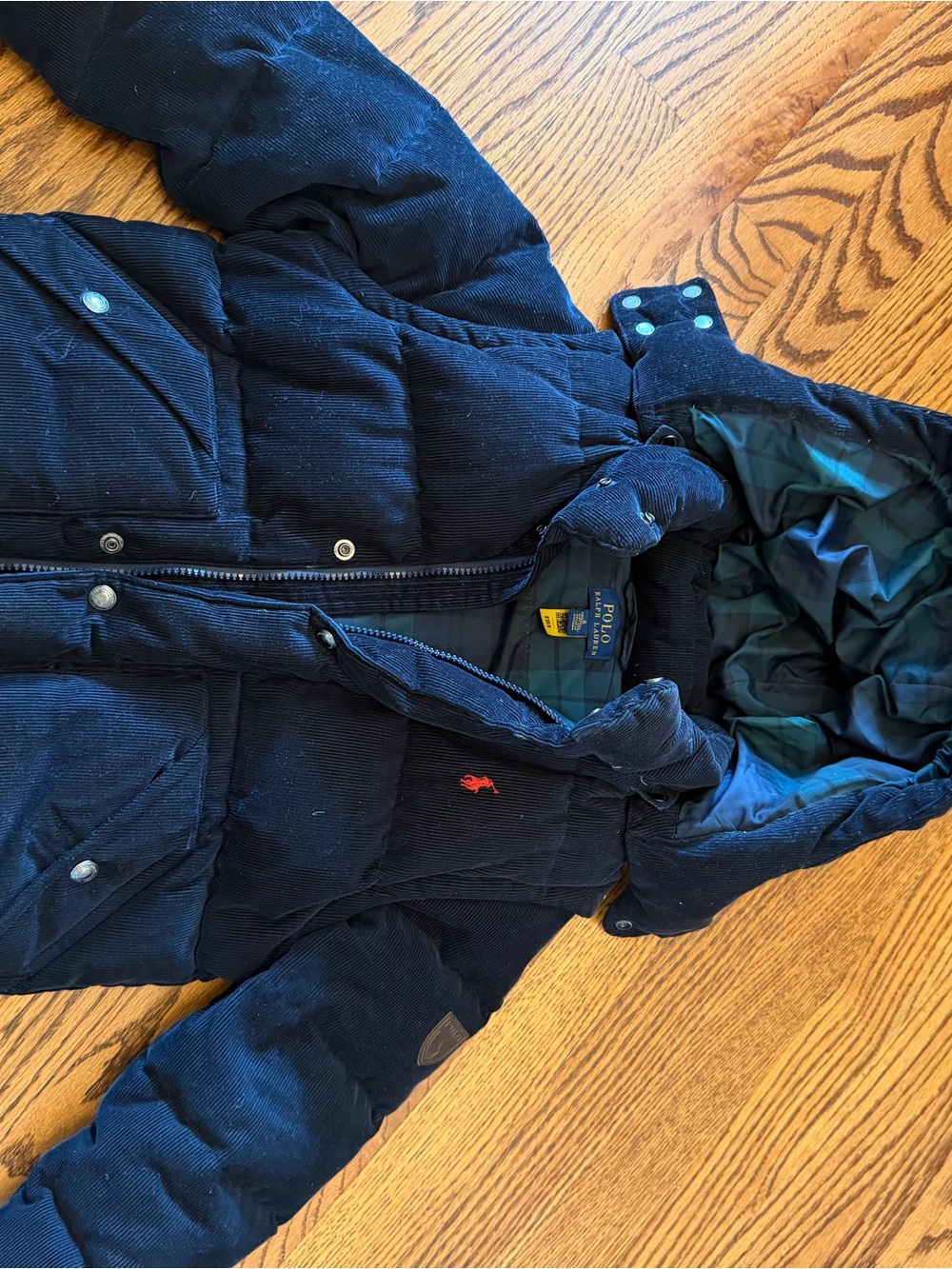 Ralph Lauren Navy Puffer Coat with Hood and Red Polo Logo